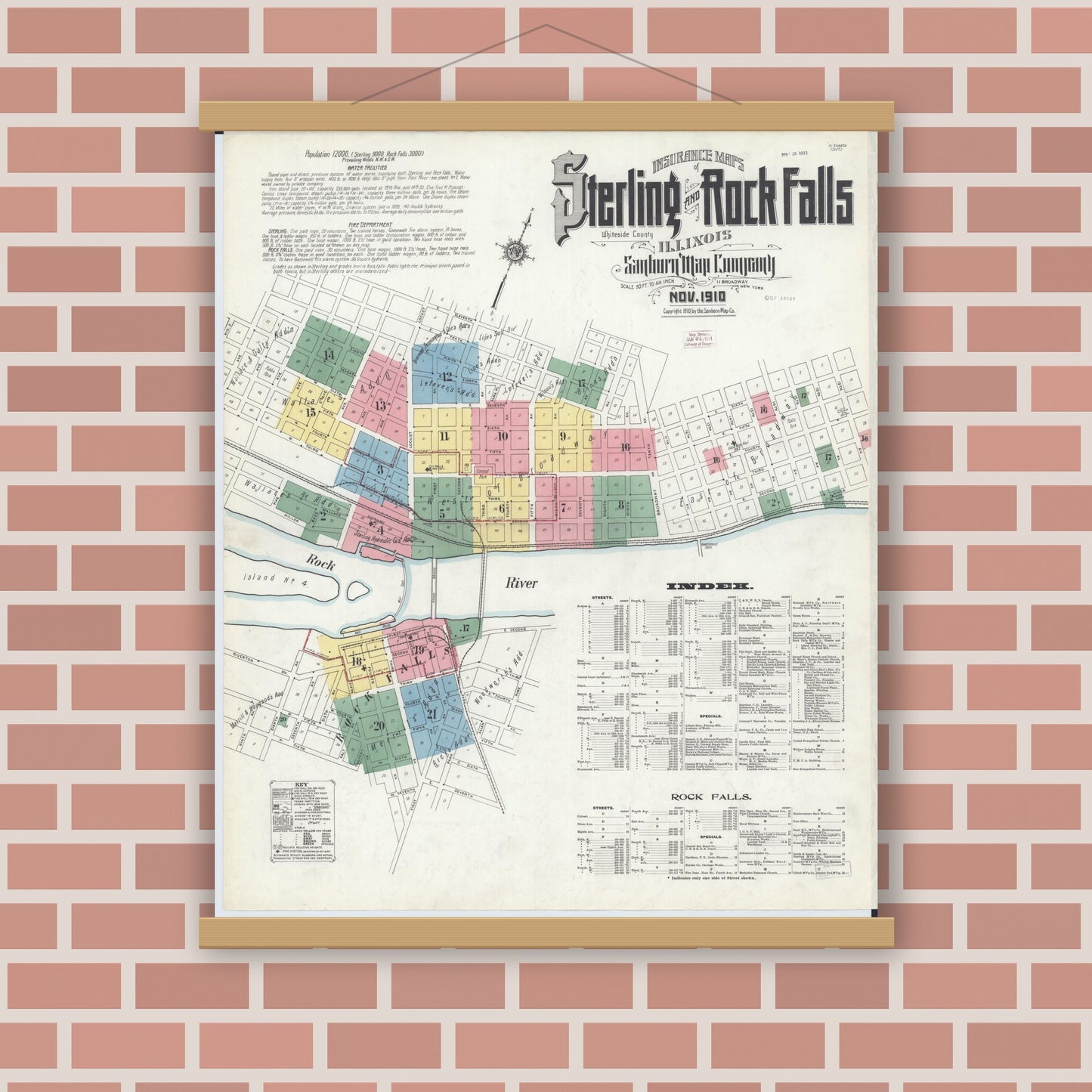 Old map wall art mockup — magnetic wood frame on brick wall — Sanborn Fire Insurance Map from Sterling, Whiteside County, Illinois (1910) - Complete Map Set