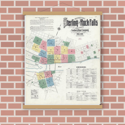 Old map wall art mockup — magnetic wood frame on brick wall — Sanborn Fire Insurance Map from Sterling, Whiteside County, Illinois (1910) - Complete Map Set