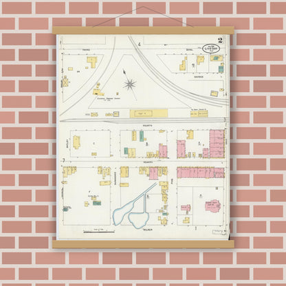 Old map wall art mockup — magnetic wood frame on brick wall — Sanborn Fire Insurance Map from Live Oak, Suwanee County, Florida (1906), Sheet #0002