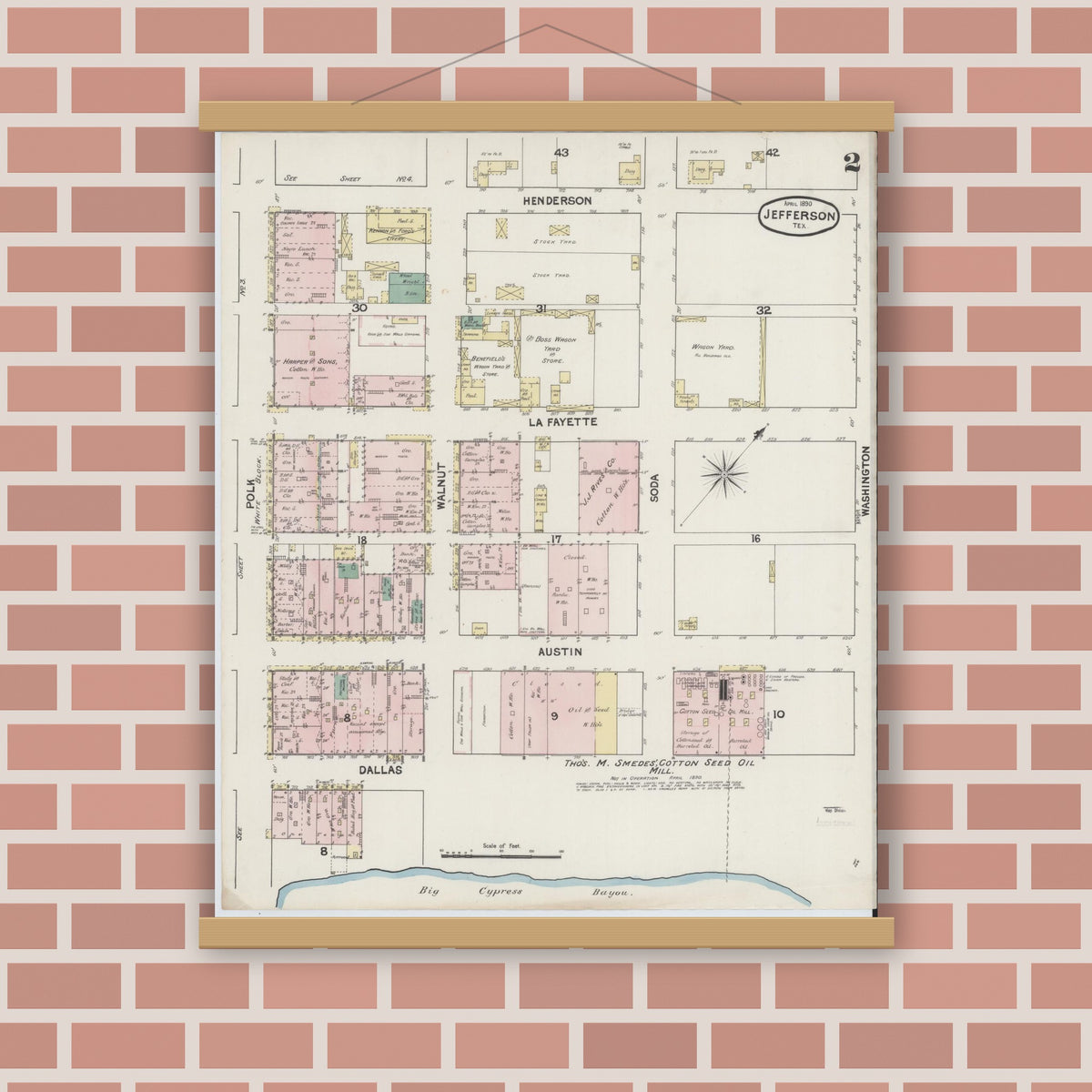 Old map wall art mockup — magnetic wood frame on brick wall — Sanborn Fire Insurance Map from Jefferson, Marion County, Texas (1890), Sheet #0002