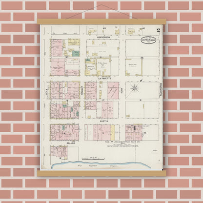 Old map wall art mockup — magnetic wood frame on brick wall — Sanborn Fire Insurance Map from Jefferson, Marion County, Texas (1890), Sheet #0002