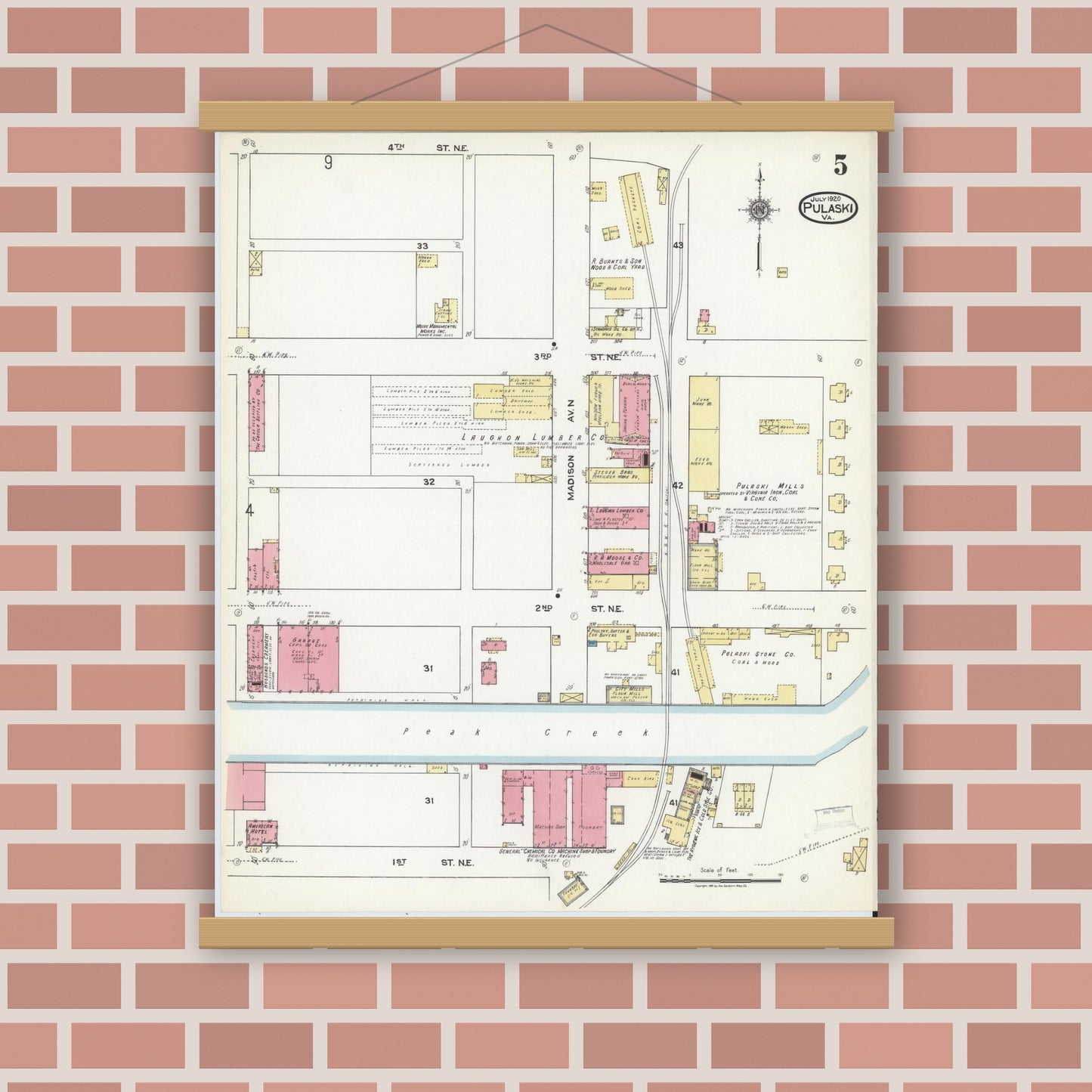 Old map wall art mockup — magnetic wood frame on brick wall — Sanborn Fire Insurance Map from Pulaski, Pulaski County, Virginia (1920), Sheet #0005