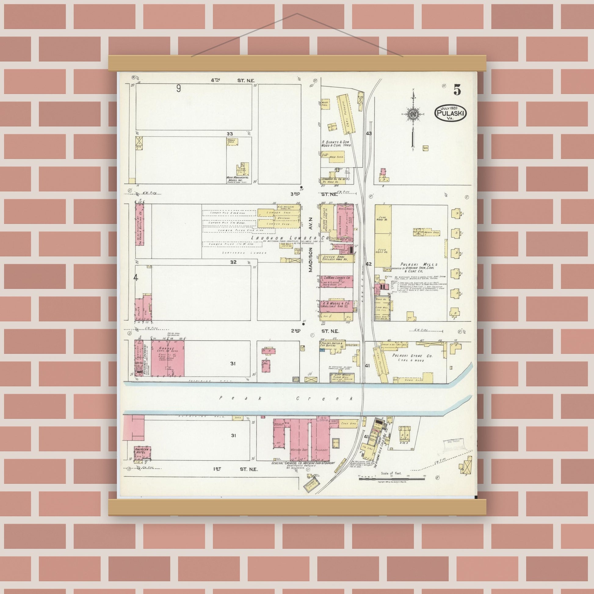Old map wall art mockup — magnetic wood frame on brick wall — Sanborn Fire Insurance Map from Pulaski, Pulaski County, Virginia (1920), Sheet #0005