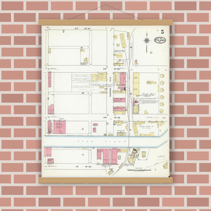 Old map wall art mockup — magnetic wood frame on brick wall — Sanborn Fire Insurance Map from Pulaski, Pulaski County, Virginia (1920), Sheet #0005
