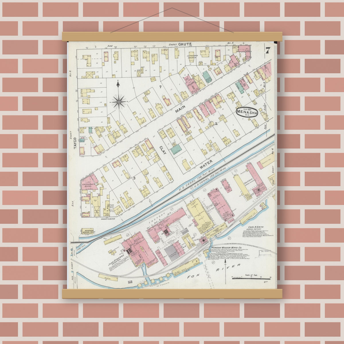 Old map wall art mockup — magnetic wood frame on brick wall — Sanborn Fire Insurance Map from Menasha, Winnebago County, Wisconsin (1891), Sheet #0007