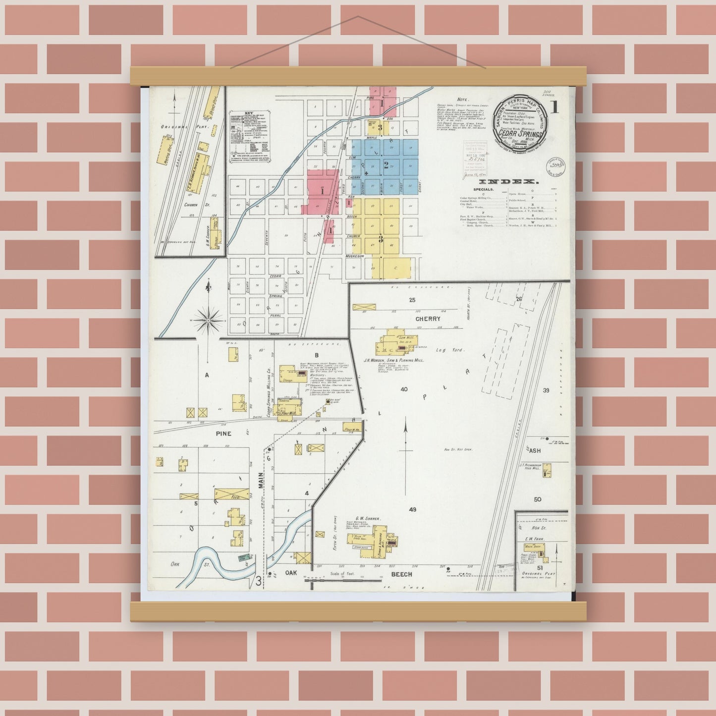 Old map wall art mockup — magnetic wood frame on brick wall — Sanborn Fire Insurance Map from Cedar Springs, Kent County, Michigan (1899), Sheet #0001