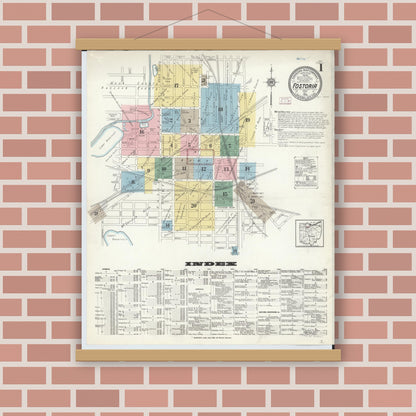 Old map wall art mockup — magnetic wood frame on brick wall — Sanborn Fire Insurance Map from Fostoria, Seneca, Hancock, And Wood Counties, Ohio (1914) - Complete Map Set