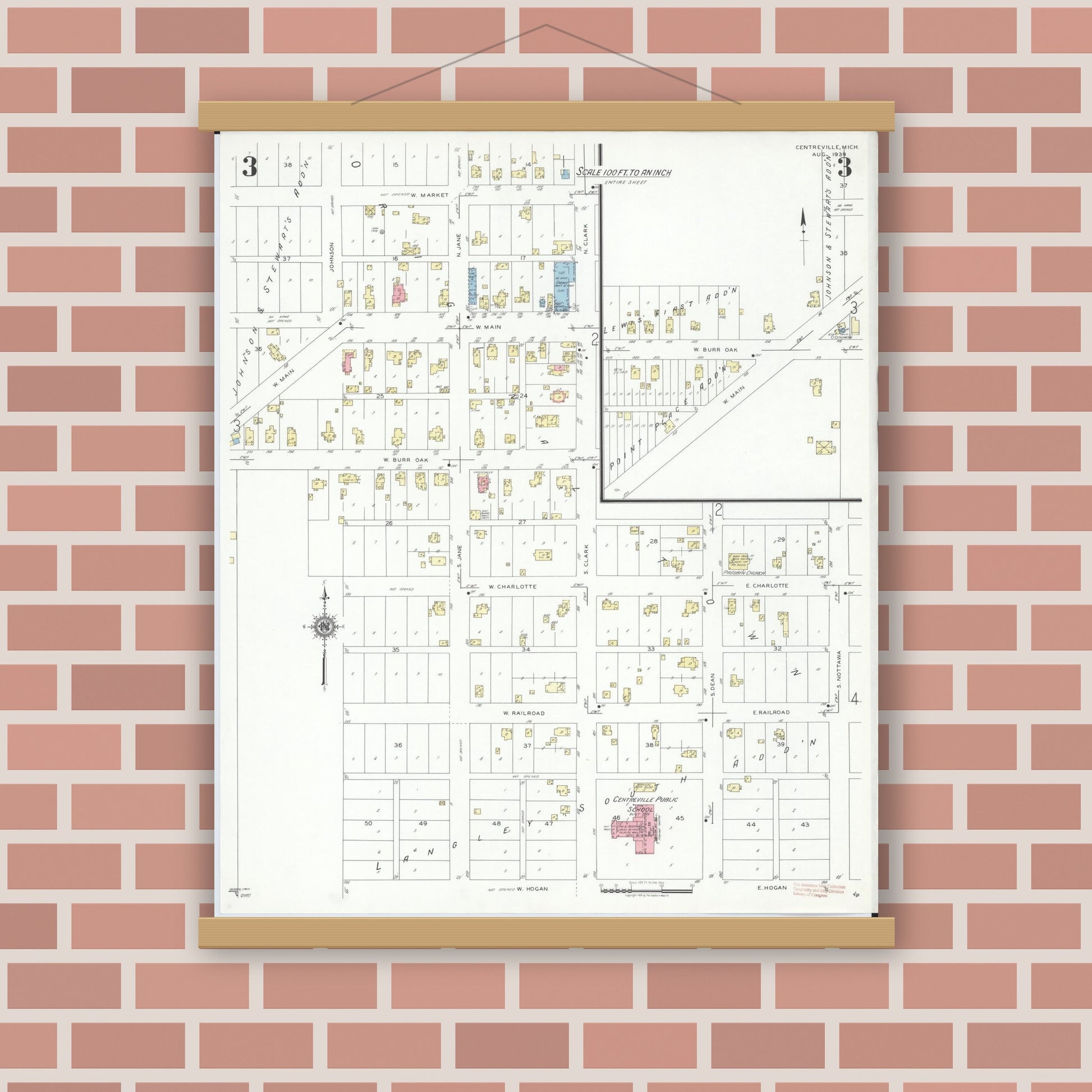 Old map wall art mockup — magnetic wood frame on brick wall — Sanborn Fire Insurance Map from Centreville, Saint Joseph County, Michigan (1939), Sheet #0003