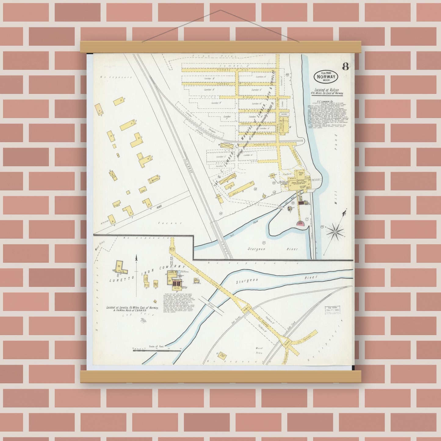 Old map wall art mockup — magnetic wood frame on brick wall — Sanborn Fire Insurance Map from Norway, Dickinson County, Michigan (1900), Sheet #0008