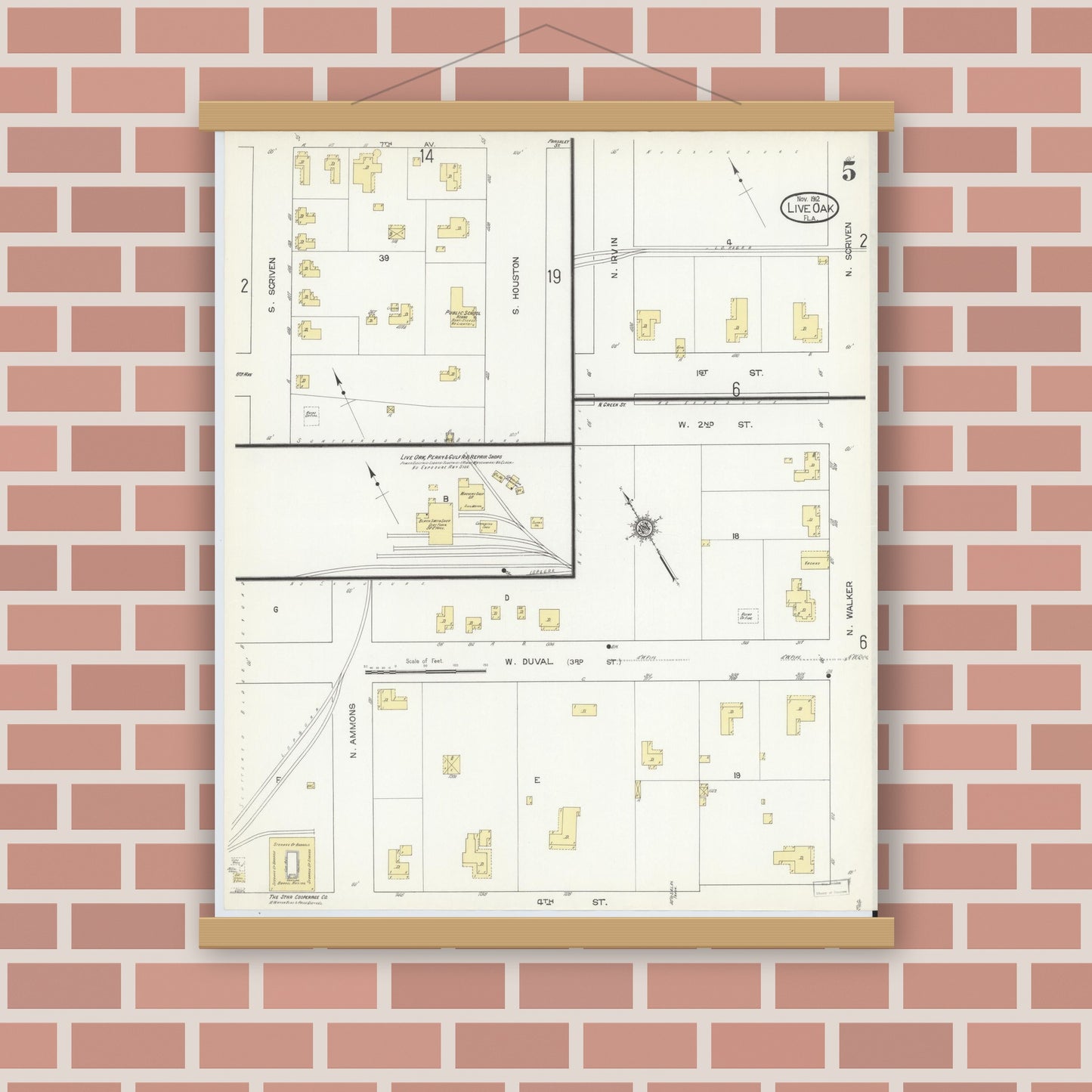 Old map wall art mockup — magnetic wood frame on brick wall — Sanborn Fire Insurance Map from Live Oak, Suwanee County, Florida (1912), Sheet #0005