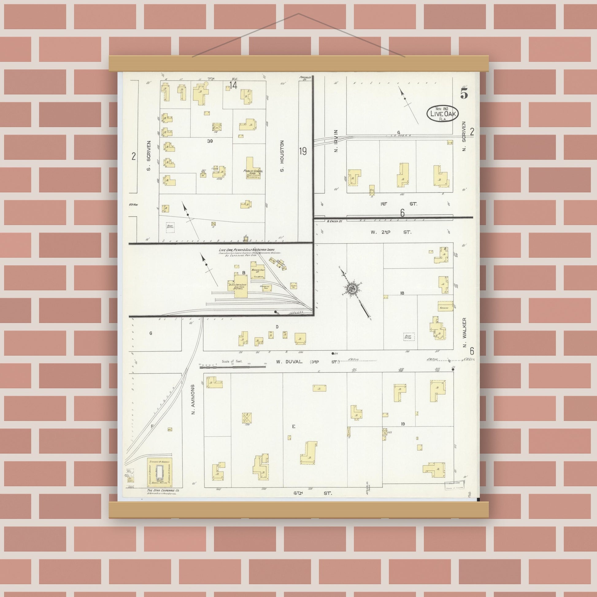 Old map wall art mockup — magnetic wood frame on brick wall — Sanborn Fire Insurance Map from Live Oak, Suwanee County, Florida (1912), Sheet #0005
