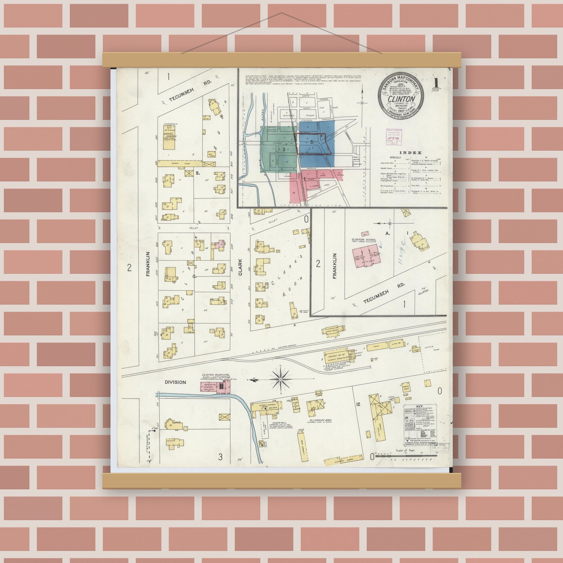 Old map wall art mockup — magnetic wood frame on brick wall — Sanborn Fire Insurance Map from Clinton, Lenawee County, Michigan (1907), Sheet #0001