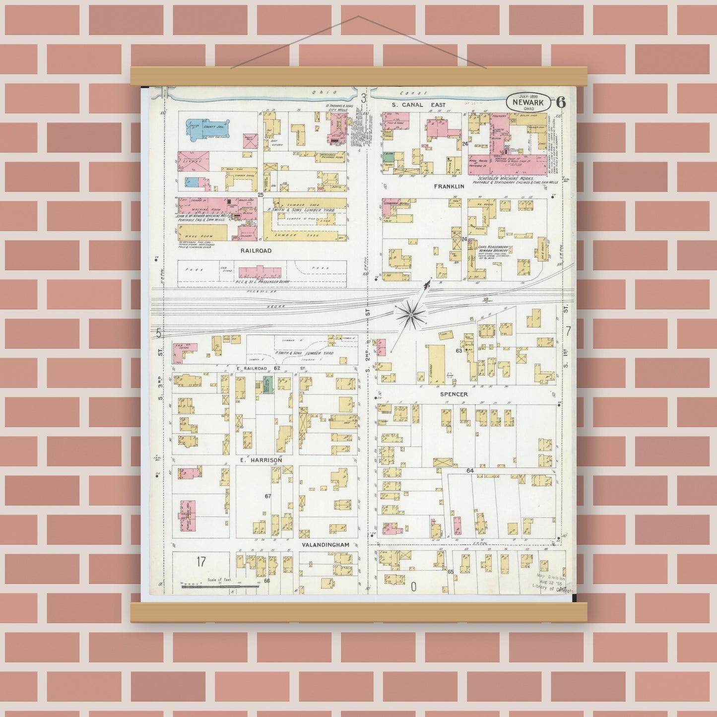 Old map wall art mockup — magnetic wood frame on brick wall — Sanborn Fire Insurance Map from Newark, Licking County, Ohio (1899), Sheet #0006
