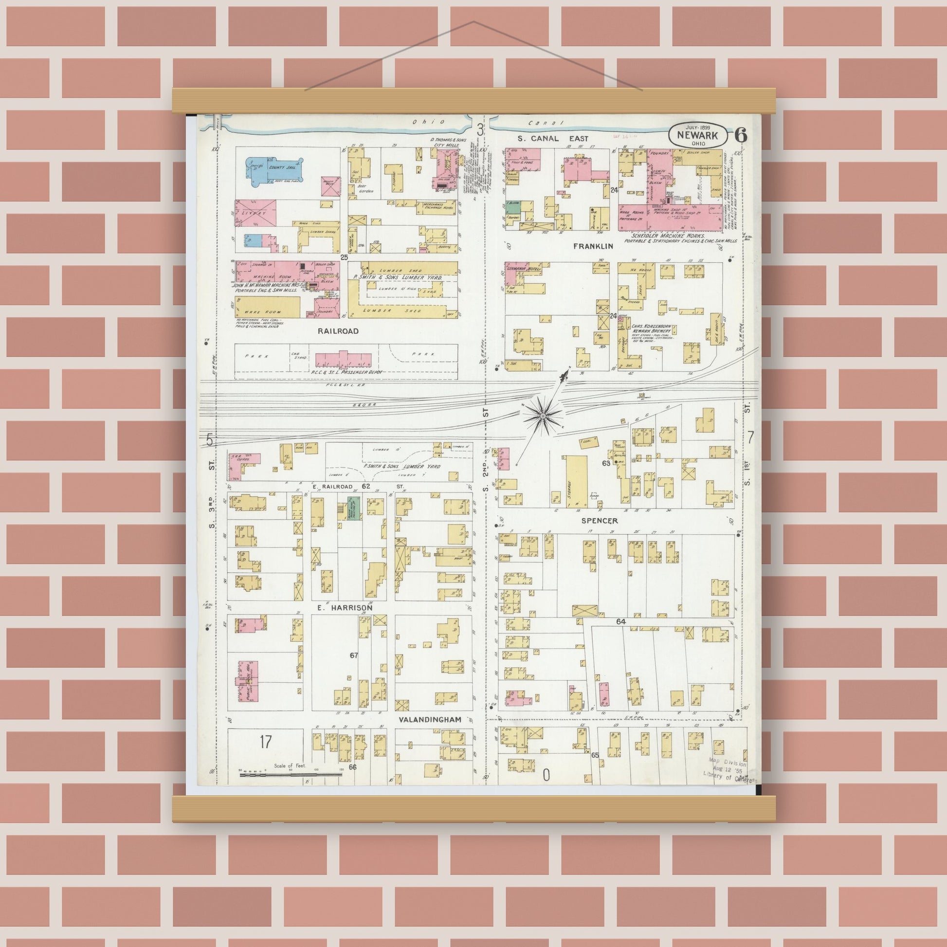 Old map wall art mockup — magnetic wood frame on brick wall — Sanborn Fire Insurance Map from Newark, Licking County, Ohio (1899), Sheet #0006