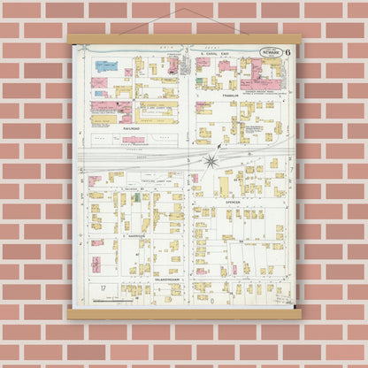 Old map wall art mockup — magnetic wood frame on brick wall — Sanborn Fire Insurance Map from Newark, Licking County, Ohio (1899), Sheet #0006
