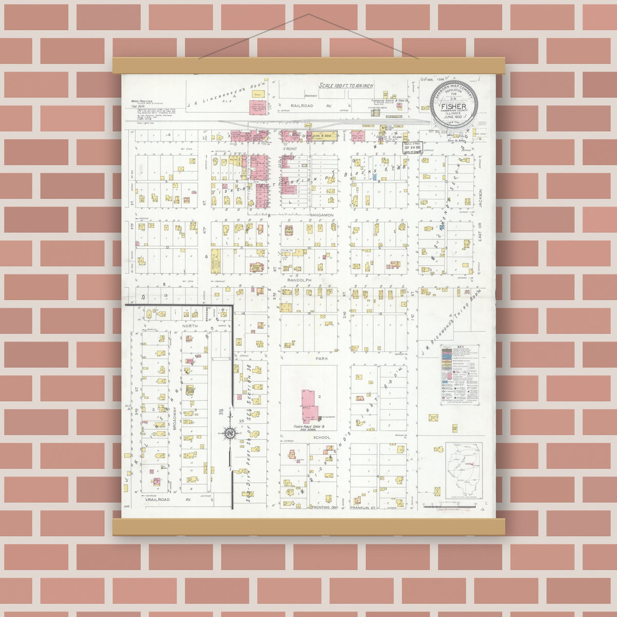 Old map wall art mockup — magnetic wood frame on brick wall — Sanborn Fire Insurance Map from Fisher, Champaign County, Illinois (1932), Sheet #0001