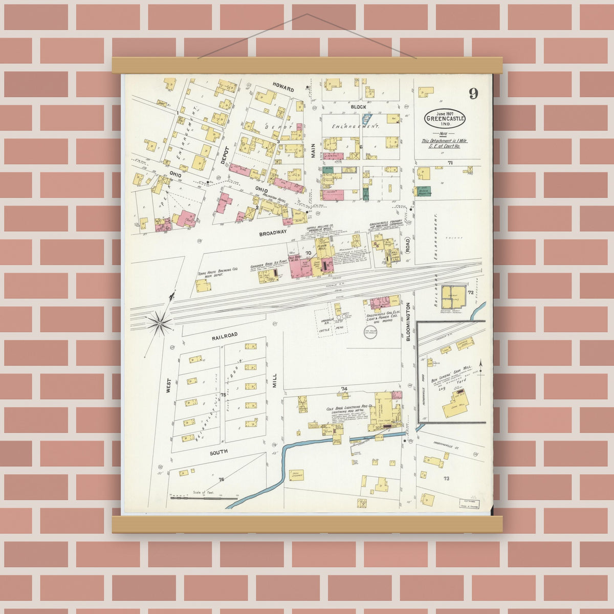 Old map wall art mockup — magnetic wood frame on brick wall — Sanborn Fire Insurance Map from Greencastle, Putnam County, Indiana (1907), Sheet #0009
