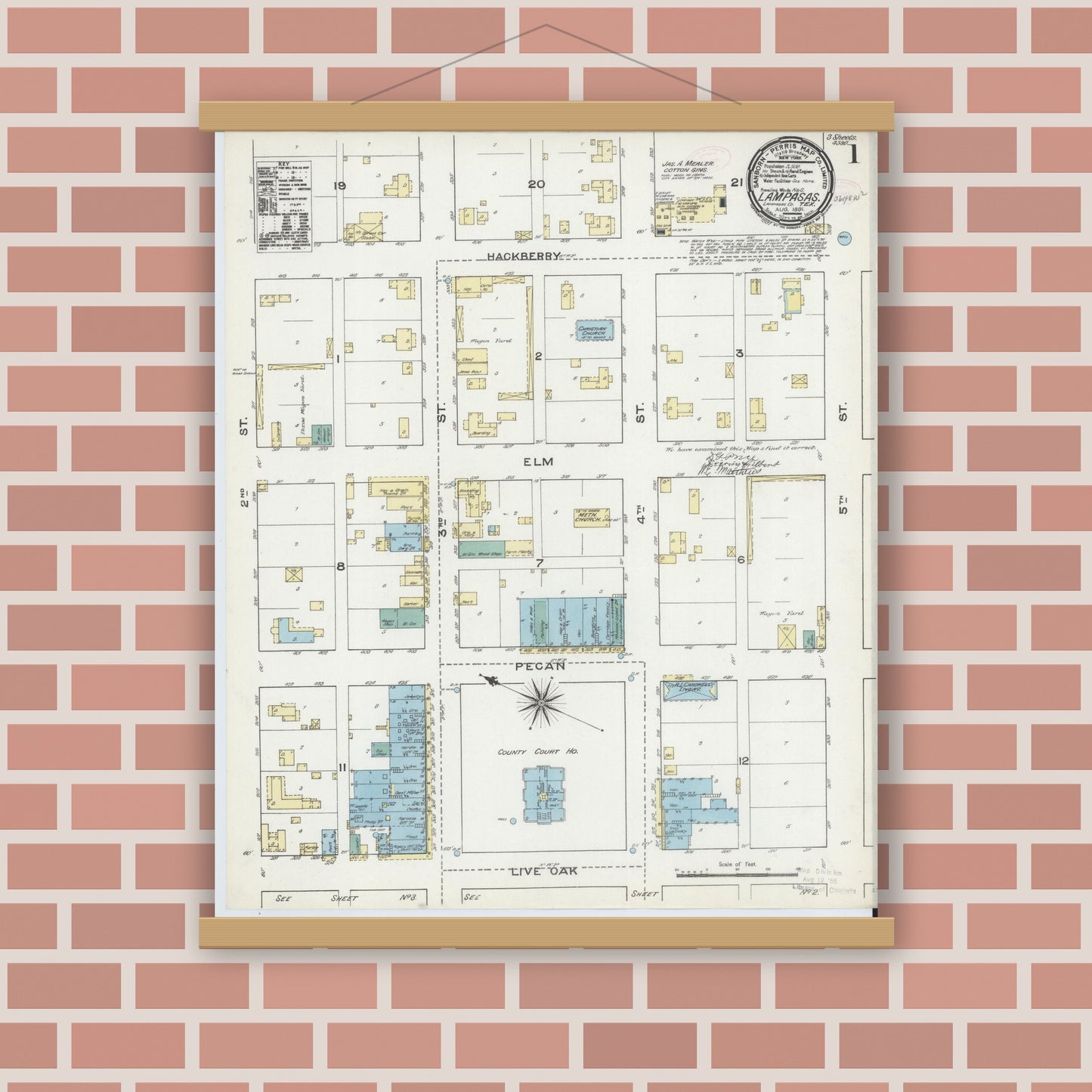 Old map wall art mockup — magnetic wood frame on brick wall — Sanborn Fire Insurance Map from Lampasas, Lampasas County, Texas (1891), Sheet #0001
