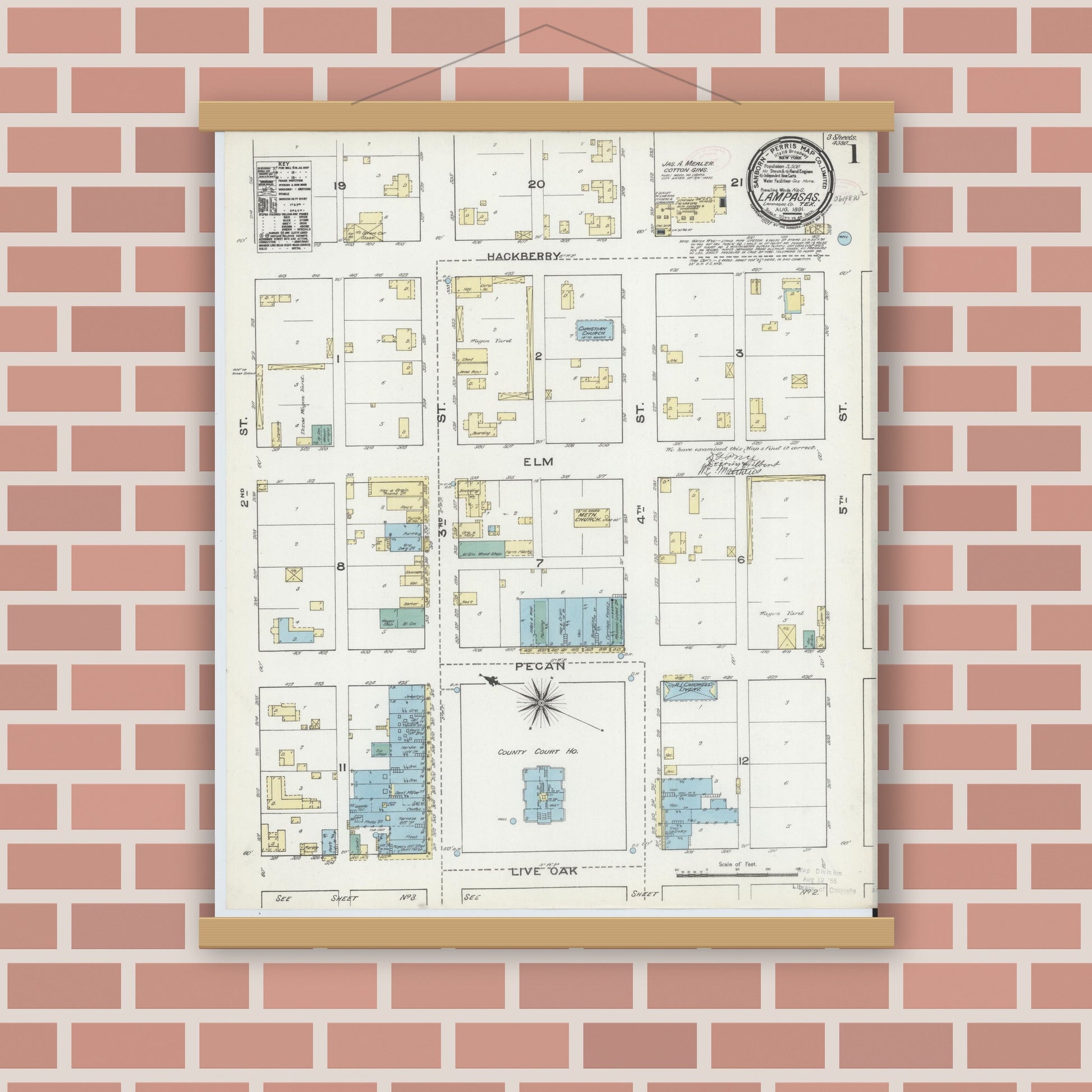 Old map wall art mockup — magnetic wood frame on brick wall — Sanborn Fire Insurance Map from Lampasas, Lampasas County, Texas (1891), Sheet #0001