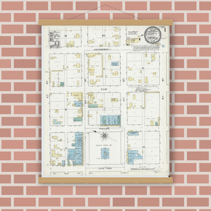 Old map wall art mockup — magnetic wood frame on brick wall — Sanborn Fire Insurance Map from Lampasas, Lampasas County, Texas (1891), Sheet #0001