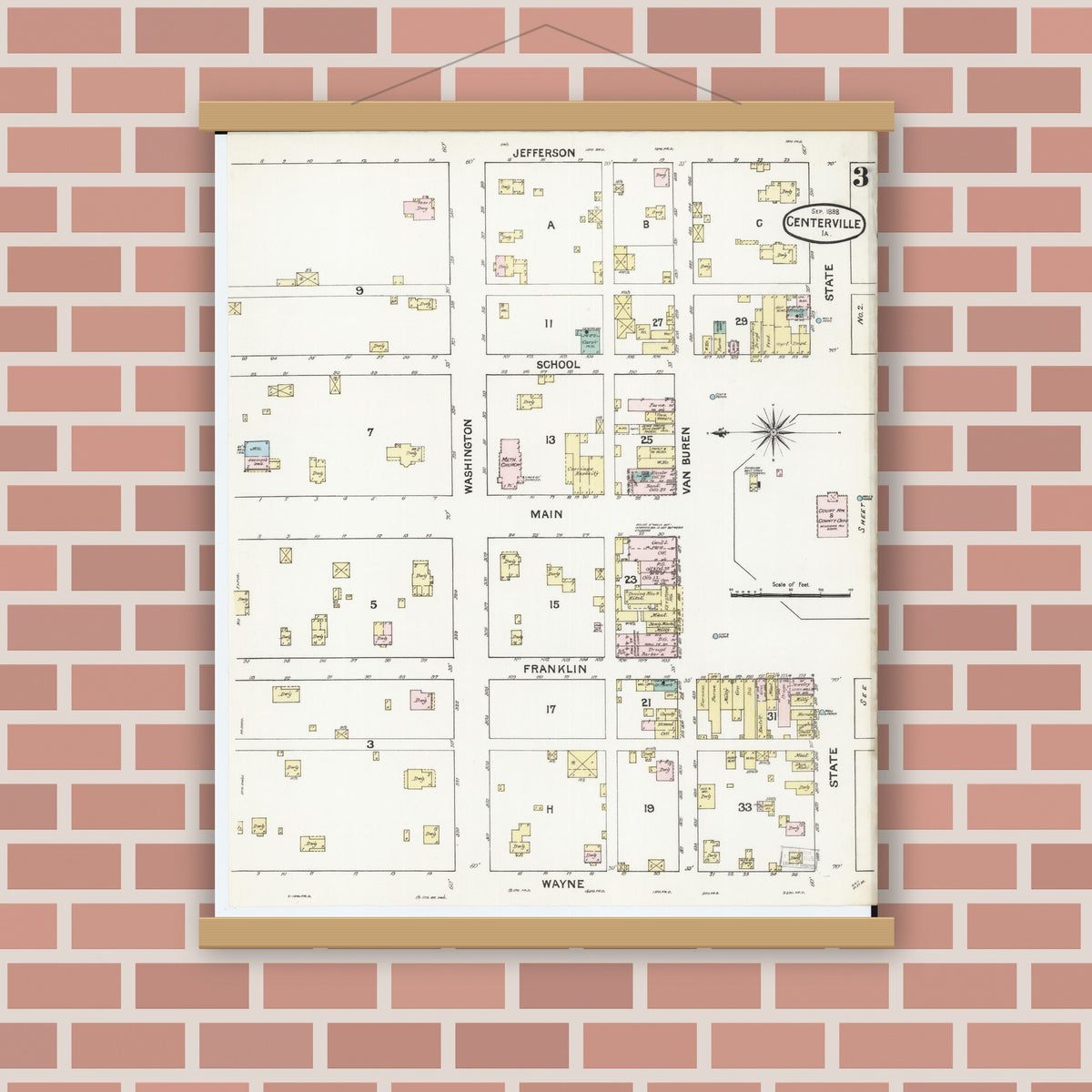 Old map wall art mockup — magnetic wood frame on brick wall — Sanborn Fire Insurance Map from Centerville, Appanoose County, Iowa (1888), Sheet #0003