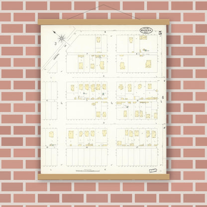 Old map wall art mockup — magnetic wood frame on brick wall — Sanborn Fire Insurance Map from Madera, Madera County, California (1898), Sheet #0005