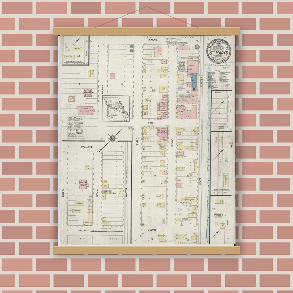 Old map wall art mockup — magnetic wood frame on brick wall — Sanborn Fire Insurance Map from Saint Marys, Saint Genevieve County, Missouri (1915), Sheet #0001