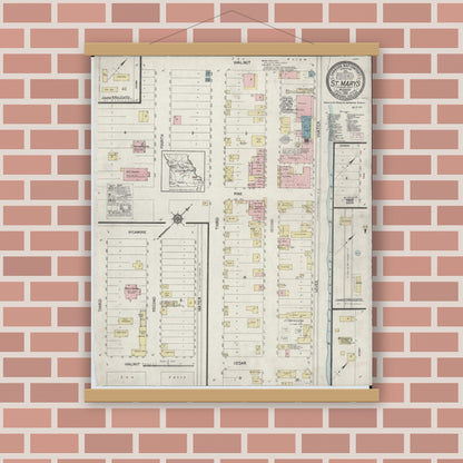 Old map wall art mockup — magnetic wood frame on brick wall — Sanborn Fire Insurance Map from Saint Marys, Saint Genevieve County, Missouri (1915), Sheet #0001