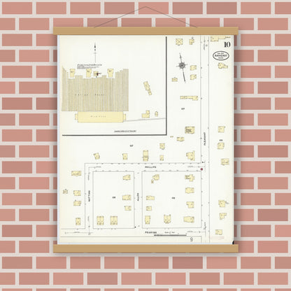 Old map wall art mockup — magnetic wood frame on brick wall — Sanborn Fire Insurance Map from Amherst, Hampshire County, Massachusetts (1910), Sheet #0010
