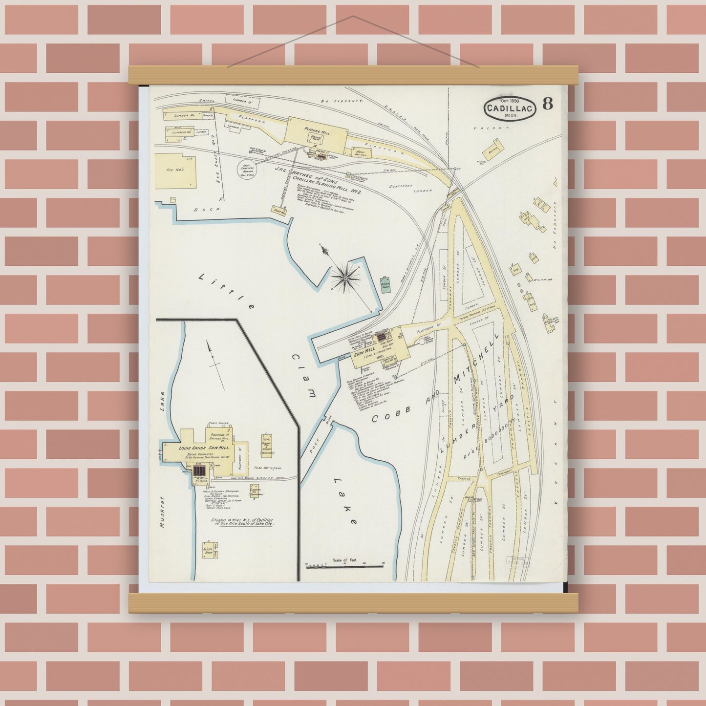 Old map wall art mockup — magnetic wood frame on brick wall — Sanborn Fire Insurance Map from Cadillac, Wexford County, Michigan (1890), Sheet #0008
