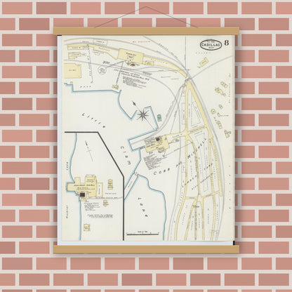 Old map wall art mockup — magnetic wood frame on brick wall — Sanborn Fire Insurance Map from Cadillac, Wexford County, Michigan (1890), Sheet #0008
