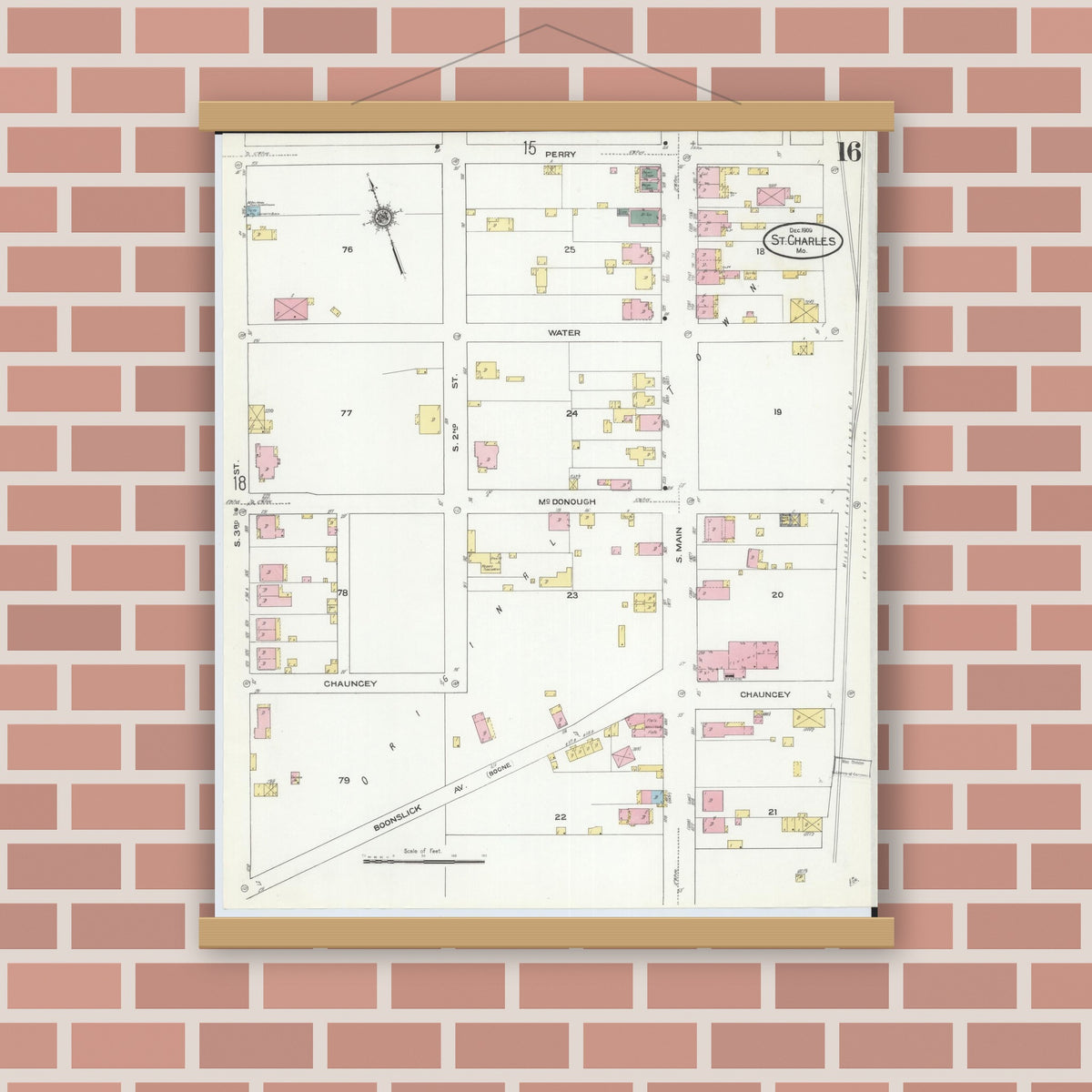 Old map wall art mockup — magnetic wood frame on brick wall — Sanborn Fire Insurance Map from Saint Charles, Saint Charles County, Missouri (1909), Sheet #0016