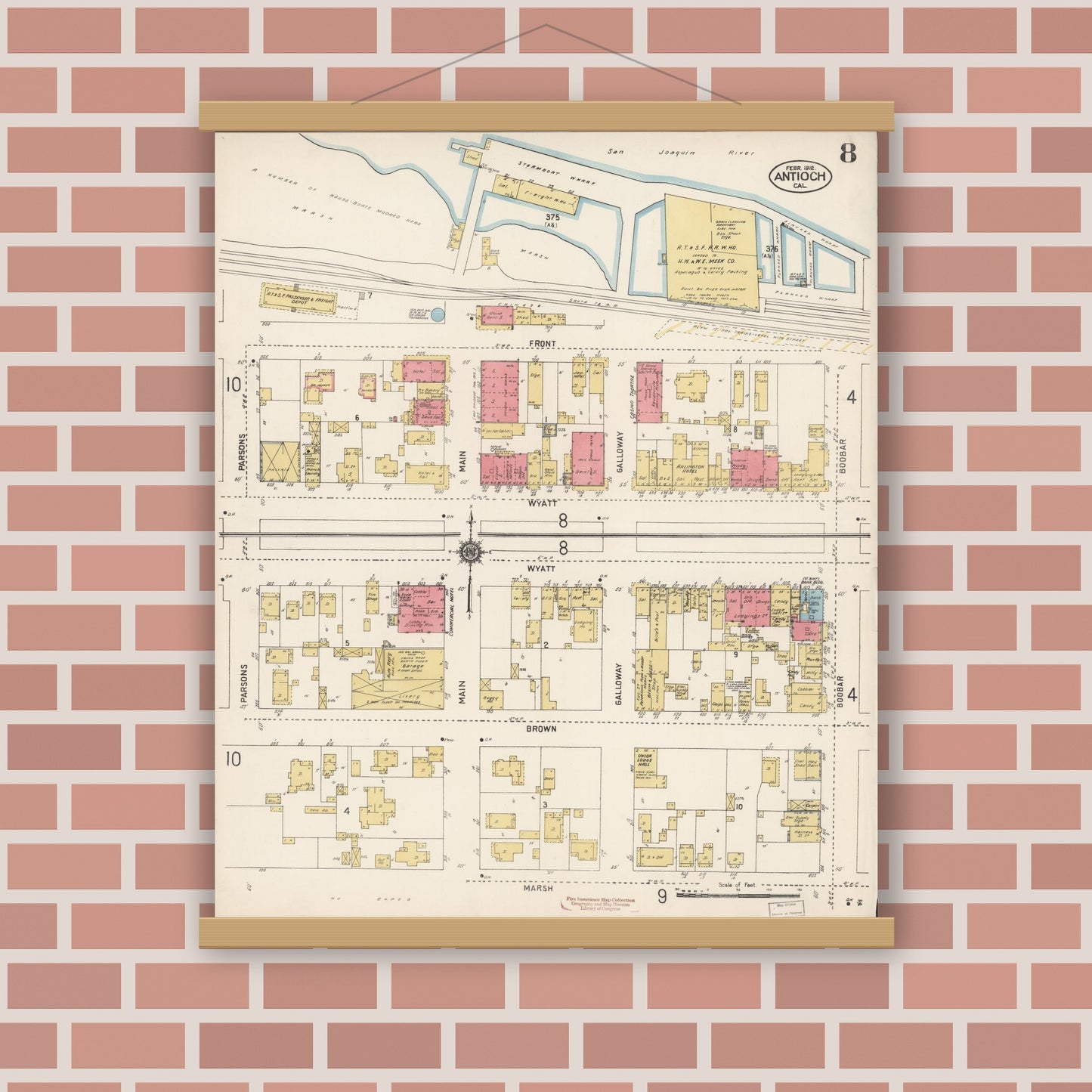 Old map wall art mockup — magnetic wood frame on brick wall — Sanborn Fire Insurance Map from Antioch, Contra Costa County, California (1912), Sheet #0008