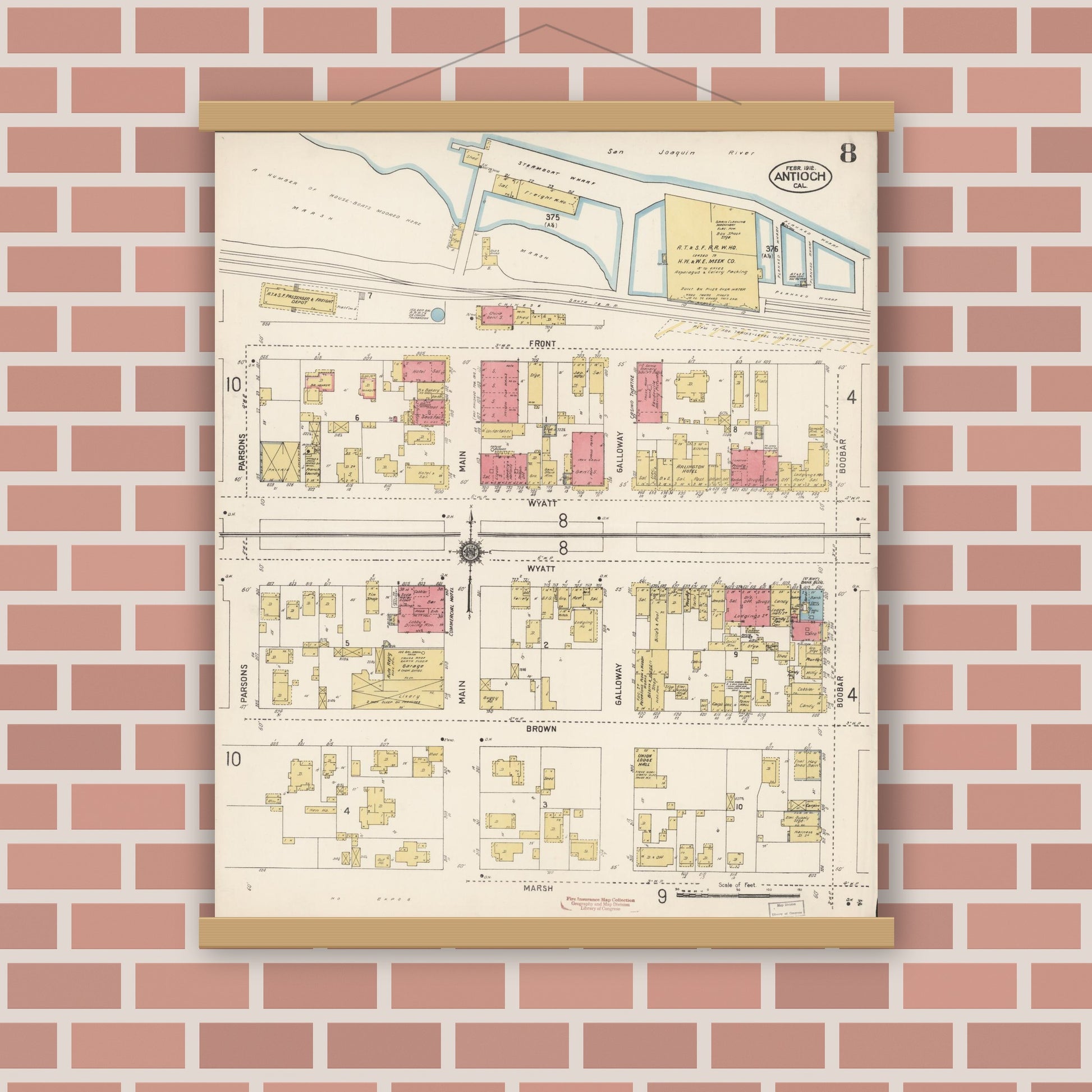 Old map wall art mockup — magnetic wood frame on brick wall — Sanborn Fire Insurance Map from Antioch, Contra Costa County, California (1912), Sheet #0008