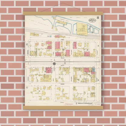 Old map wall art mockup — magnetic wood frame on brick wall — Sanborn Fire Insurance Map from Antioch, Contra Costa County, California (1912), Sheet #0008