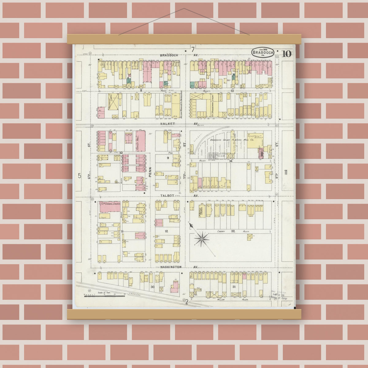 Old map wall art mockup — magnetic wood frame on brick wall — Sanborn Fire Insurance Map from Braddock, Allegheny County, Pennsylvania (1896), Sheet #0010