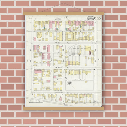 Old map wall art mockup — magnetic wood frame on brick wall — Sanborn Fire Insurance Map from Braddock, Allegheny County, Pennsylvania (1896), Sheet #0010