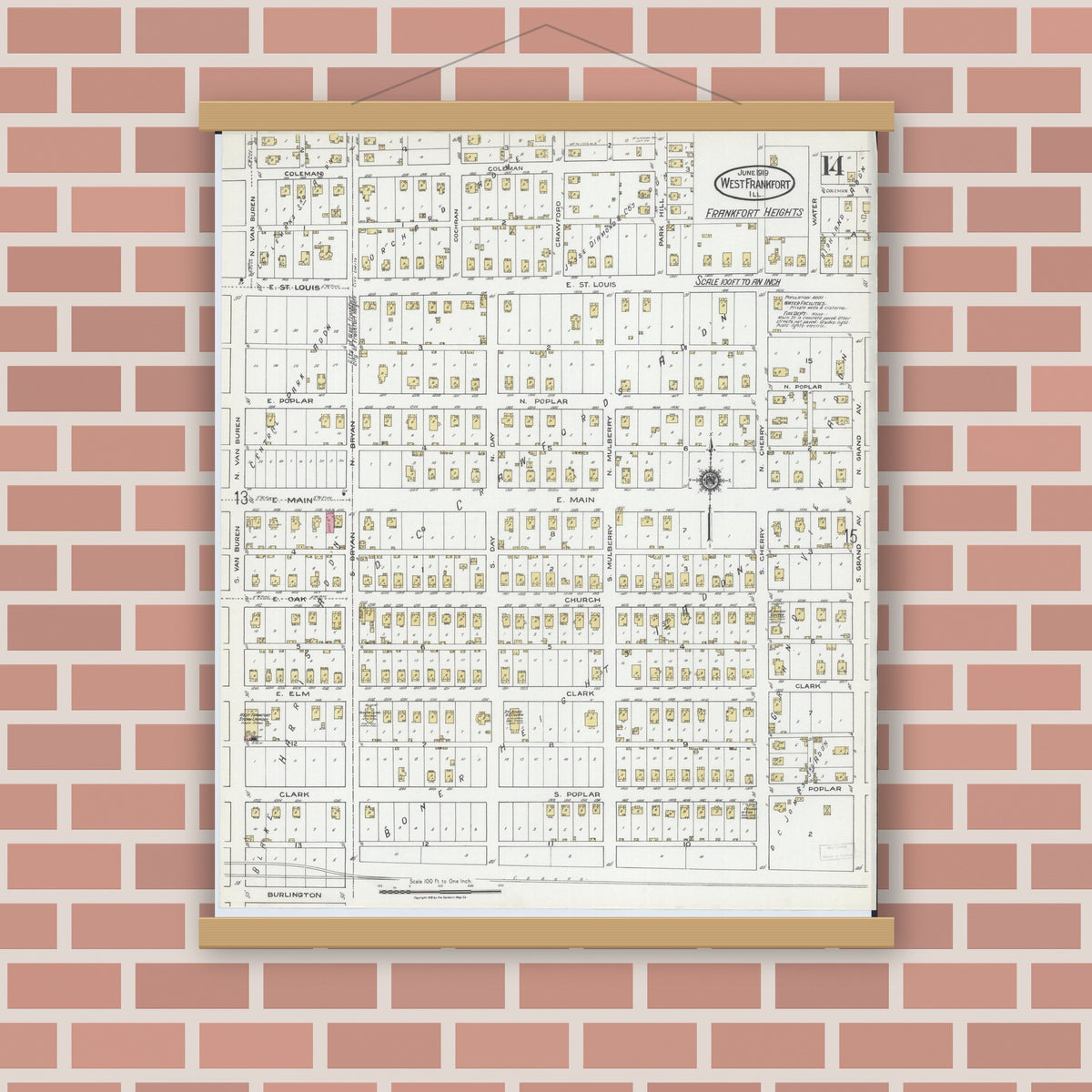 Old map wall art mockup — magnetic wood frame on brick wall — Sanborn Fire Insurance Map from West Frankfort, Franklin County, Illinois (1919), Sheet #0014
