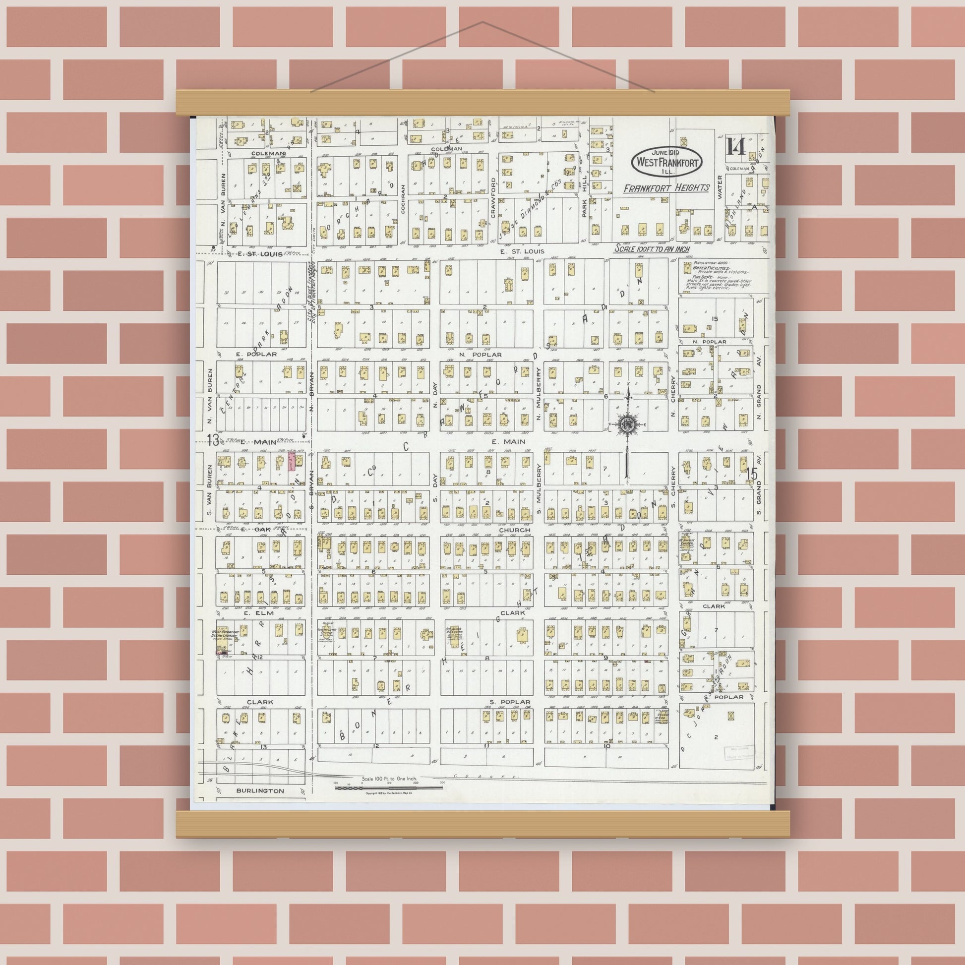 Old map wall art mockup — magnetic wood frame on brick wall — Sanborn Fire Insurance Map from West Frankfort, Franklin County, Illinois (1919), Sheet #0014