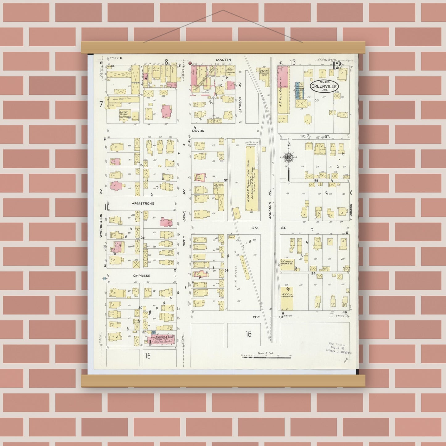 Old map wall art mockup — magnetic wood frame on brick wall — Sanborn Fire Insurance Map from Greenville, Darke County, Ohio (1910), Sheet #0012
