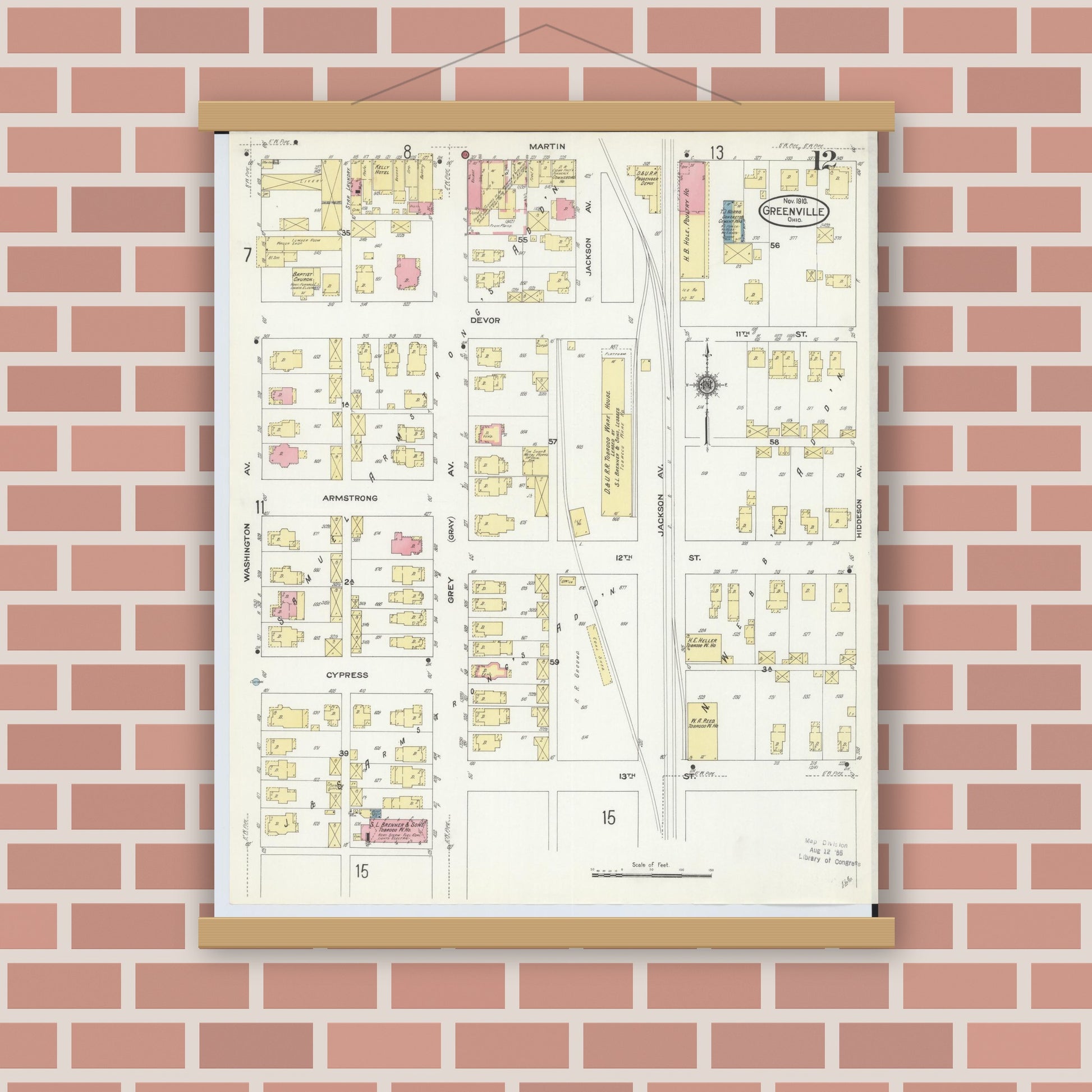 Old map wall art mockup — magnetic wood frame on brick wall — Sanborn Fire Insurance Map from Greenville, Darke County, Ohio (1910), Sheet #0012