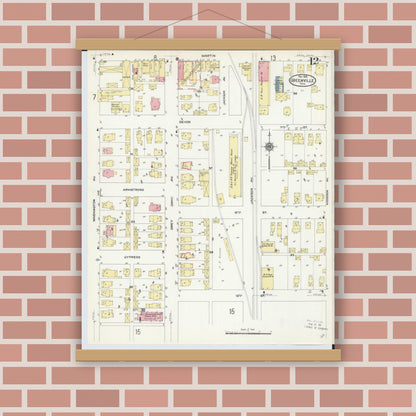 Old map wall art mockup — magnetic wood frame on brick wall — Sanborn Fire Insurance Map from Greenville, Darke County, Ohio (1910), Sheet #0012