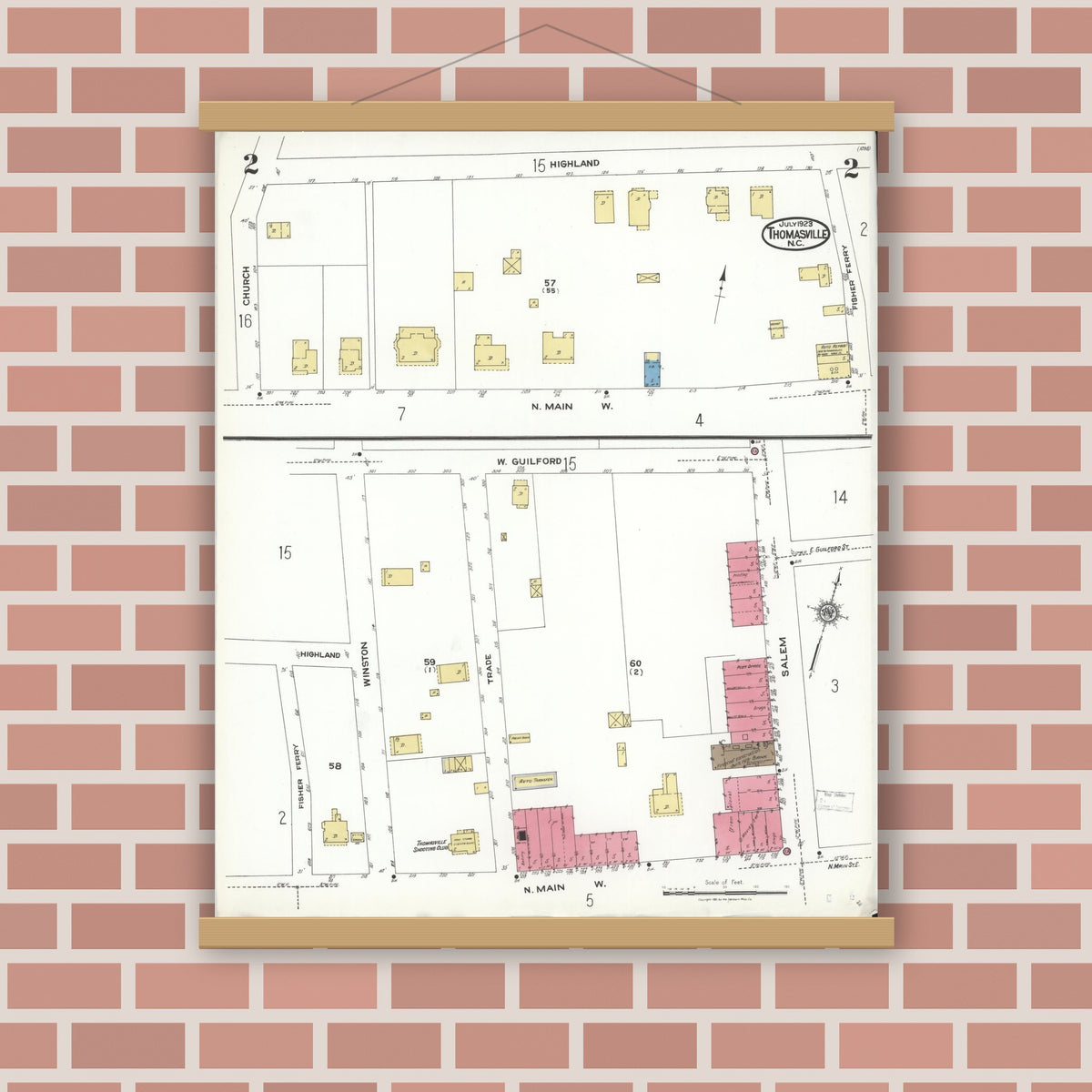 Old map wall art mockup — magnetic wood frame on brick wall — Sanborn Fire Insurance Map from Thomasville, Davidson County, North Carolina (1923), Sheet #0002