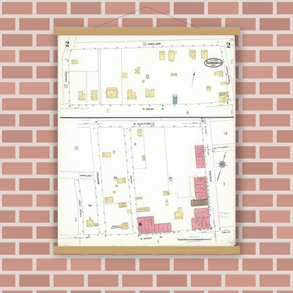 Old map wall art mockup — magnetic wood frame on brick wall — Sanborn Fire Insurance Map from Thomasville, Davidson County, North Carolina (1923), Sheet #0002