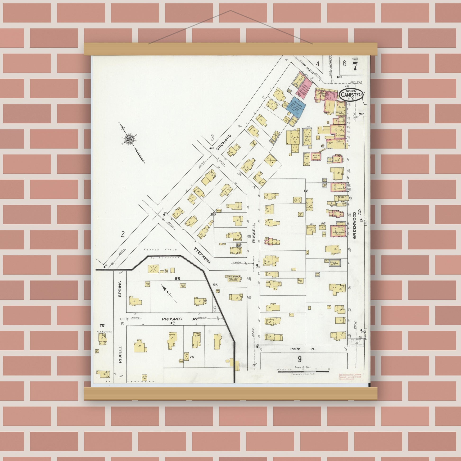 Old map wall art mockup — magnetic wood frame on brick wall — Sanborn Fire Insurance Map from Canisteo, Steuben County, New York (1920), Sheet #0007