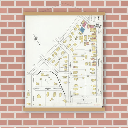 Old map wall art mockup — magnetic wood frame on brick wall — Sanborn Fire Insurance Map from Canisteo, Steuben County, New York (1920), Sheet #0007
