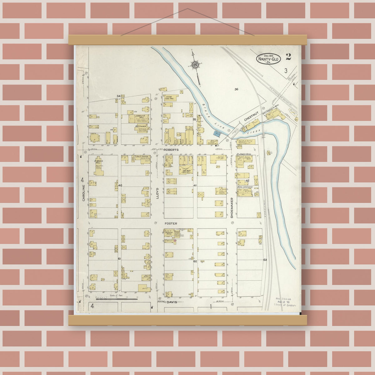 Old map wall art mockup — magnetic wood frame on brick wall — Sanborn Fire Insurance Map from Nanty-Glo, Cambria County, Pennsylvania (1915), Sheet #0002