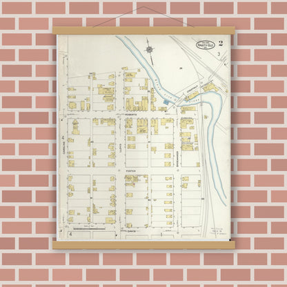 Old map wall art mockup — magnetic wood frame on brick wall — Sanborn Fire Insurance Map from Nanty-Glo, Cambria County, Pennsylvania (1915), Sheet #0002