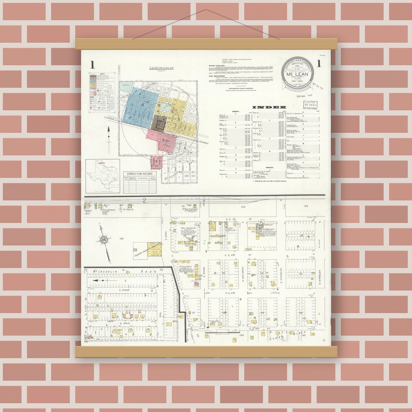 Old map wall art mockup — magnetic wood frame on brick wall — Sanborn Fire Insurance Map from McLean, Gray County, Texas (1933), Sheet #0001