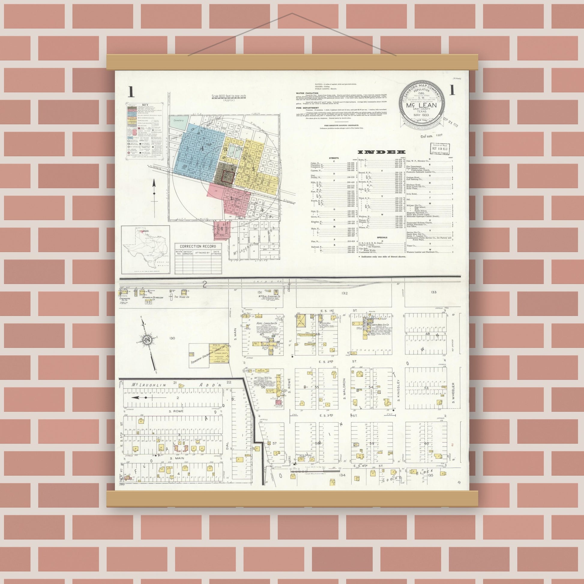 Old map wall art mockup — magnetic wood frame on brick wall — Sanborn Fire Insurance Map from McLean, Gray County, Texas (1933), Sheet #0001